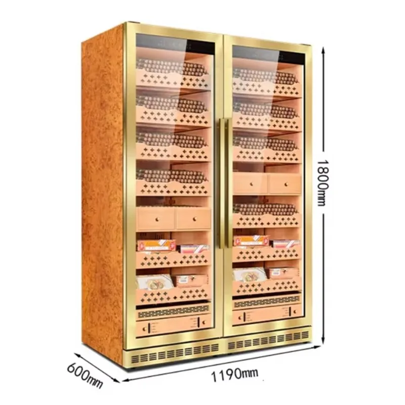 

NE-106 Gold Color 860L Double Door Cigar Cabinet Auto Defog Spanish Cedar Liner Cigar Humidor with Lock