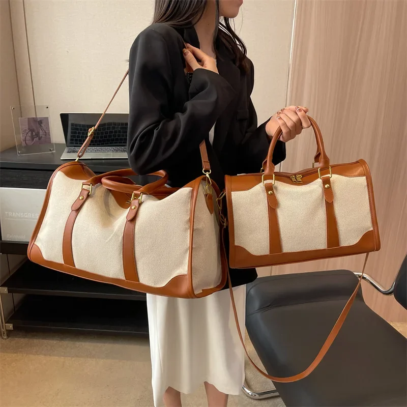 

Women Travel Storage Handbag Vintage Fitness Luggage Bag Single Shoulder Crossbody Bag Large Nylon PU Leather Bag 2025 Handbags