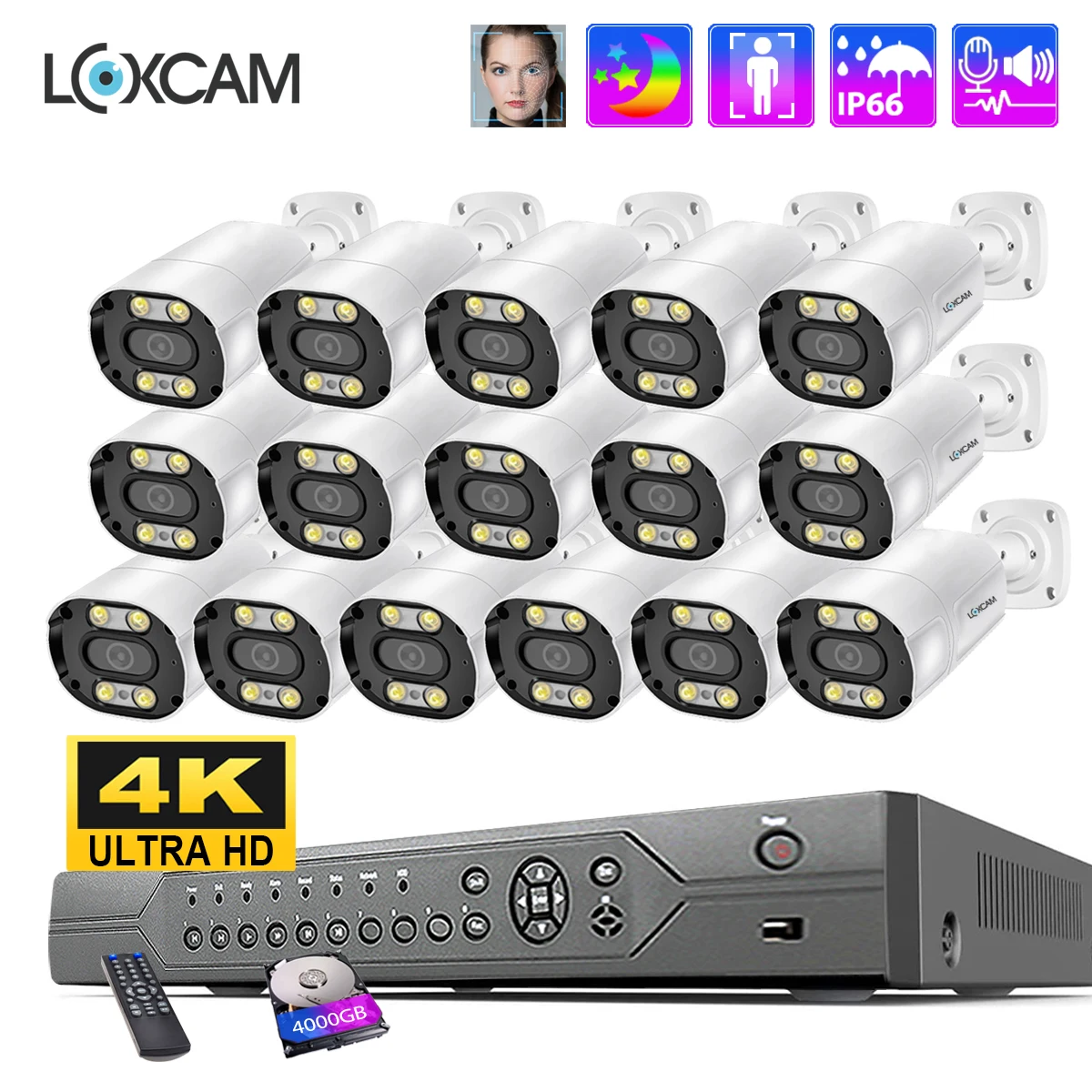 LOXCAM 4K POE Security Camera System 16CH NVR Kit 8MP Ai Face Human Detect Outdoor 4MP Two Way Audio Video Surveillance Set