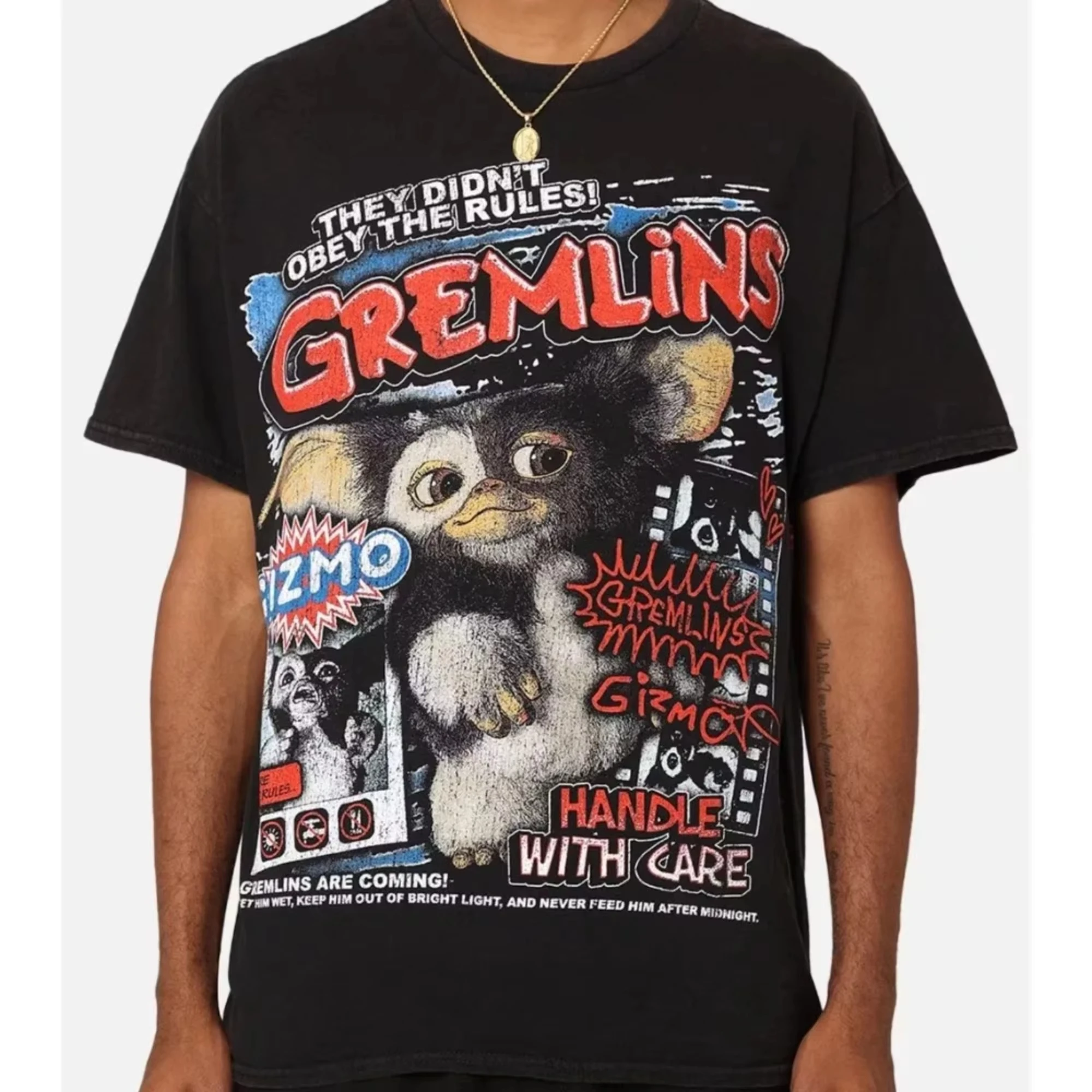 Ropa de hombre 100% algodón normcore camiseta Gremlins estampado ropa de calle retro americana moda unisex camisa Casual de gran tamaño para mujer