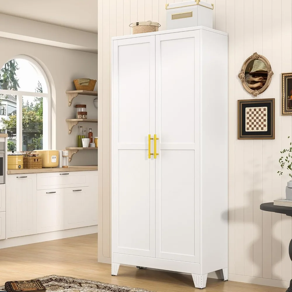 

71" Tall Metal Pantry Storage Cabinet with Doors and 4 Adjustable Shelves, White Kitchen Food Pantry Cabinets, Tall Freestanding