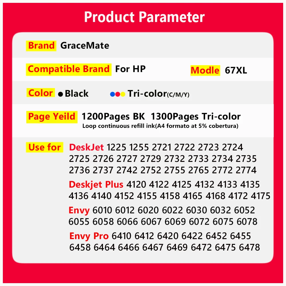 67XL Cartridge Replacement HP 67 hp67 Ink Cartridge for HP Deskjet 2723 2752 1225 6020 6052 6055 6420 6452 4152 4140 4155 6010