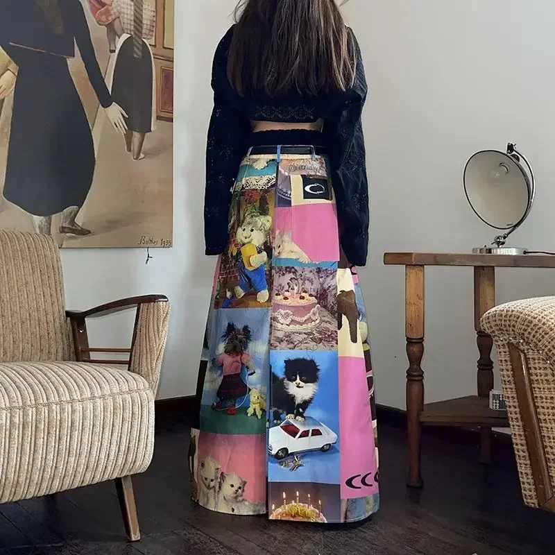 

Harajuku Cat Ink Printed Women's Long Skirt Summer Streetwear A Line Skirt Y2k 2000s Cute Party Club Skirts E-girl 00s Fairycore