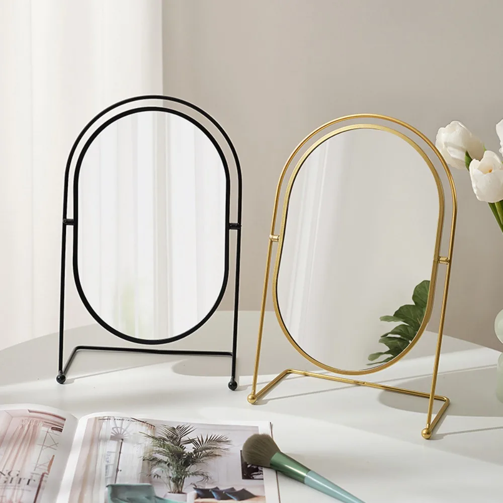 Iron Art Nordic Makeup Mirror Iron Frame Oval Vanity Mirror 360° Rotatable Without Dead Corners Desktop Cosmetic Mirror