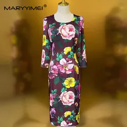 MARYYIMEI Fashion Designer Spring Summer women's Silk Three Quarter Sleeve Print Pretty High Street Slim-Fit Hip Wrap Dresses