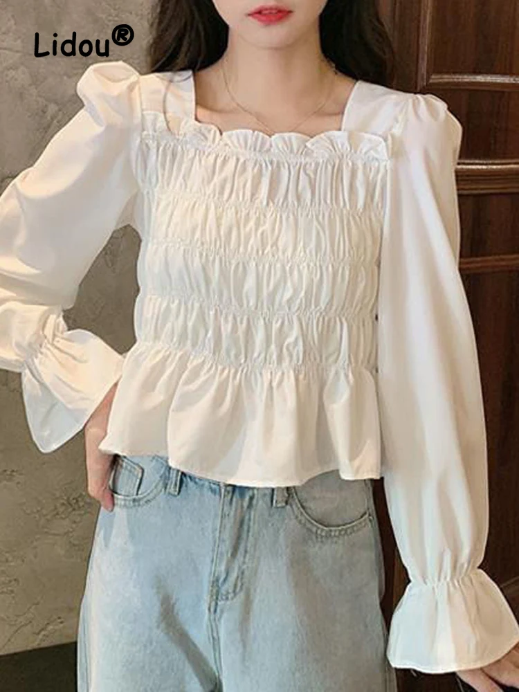 Casual Elegance Solid Color Pleated White Blouse Women New Classic Puff Sleeve Square Collar Ruffles Lady Chiffon Pullover Shirt