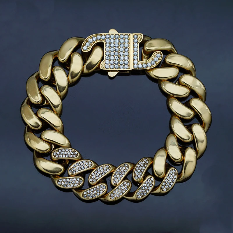 

Hip Hop Bling Iced Out Stainless Steel Round Cuban Miami Link Chain Bracelets for Men Rapper Jewelry Drop Shipping