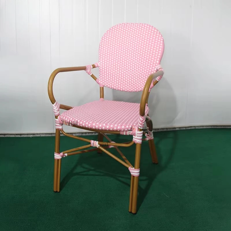 Factory Direct Sale pink French Style Commercia Street Cafe Bistro Chair Aluminum Outdoor Stackable Garden Chair with Armrests