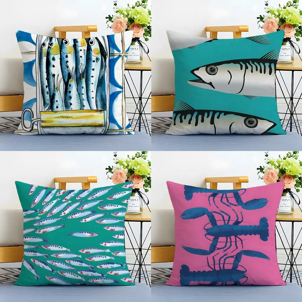 Vibrant Marine Colorful Sardine Lobster Fish Ocean Cushion Cover Washable Linen comfort Soft  for Sofa Bed Cozy Home Room Decor