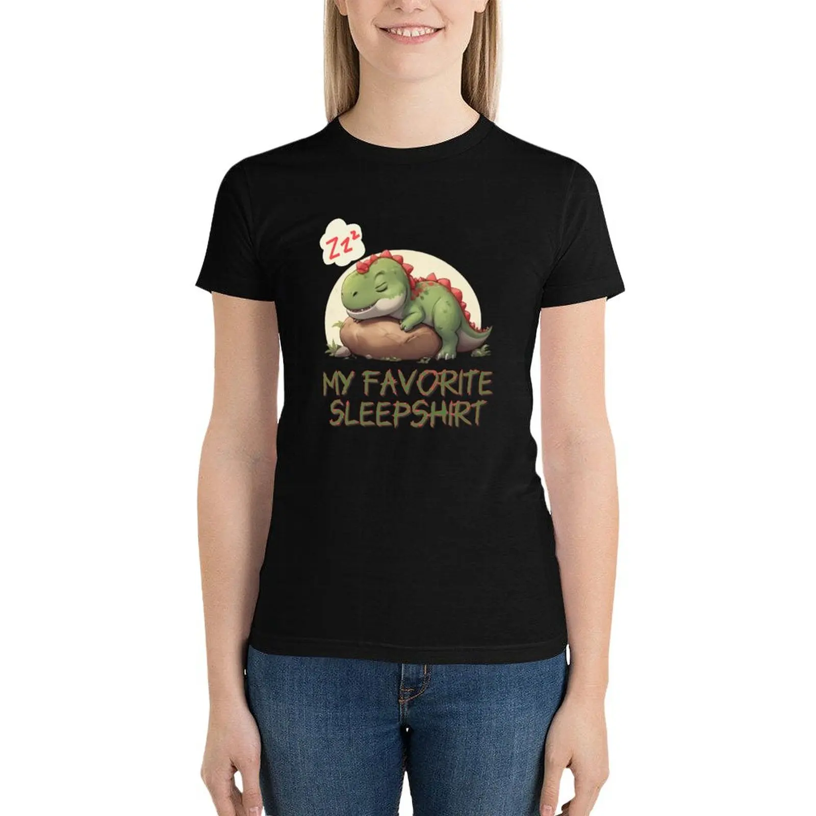 T-shirt noir coupe ample pour femmes, mini t-rex mignon, dormir sur les rochers, médicaments d'été