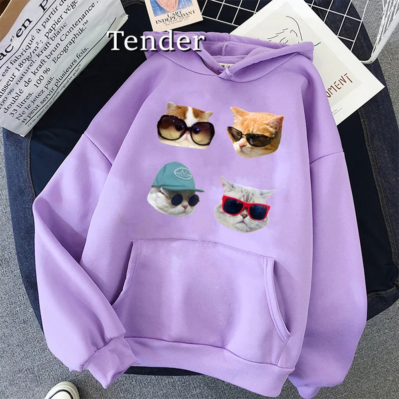 

Hip Hop Cat Wearing Sunglasses Cartoon Sweatshirt Kawaii Ullzang Cute hooded Korean Winter 90s Warm Hoody Female Long Sleeve