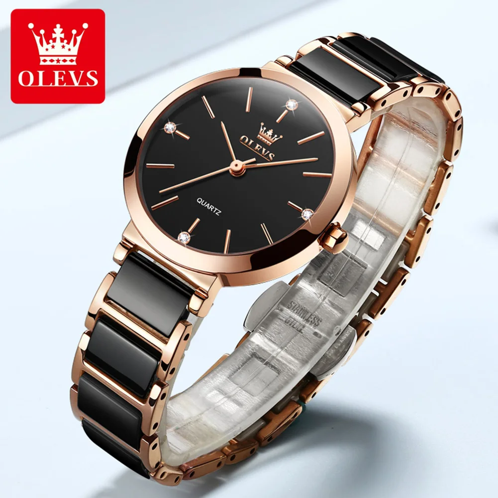 OLEVS 5877 Women\'s Watches Luxury Original Quartz Ladies Wristwatch Elegant Rose Gold Ceramics Strap Waterproof Watch for Women