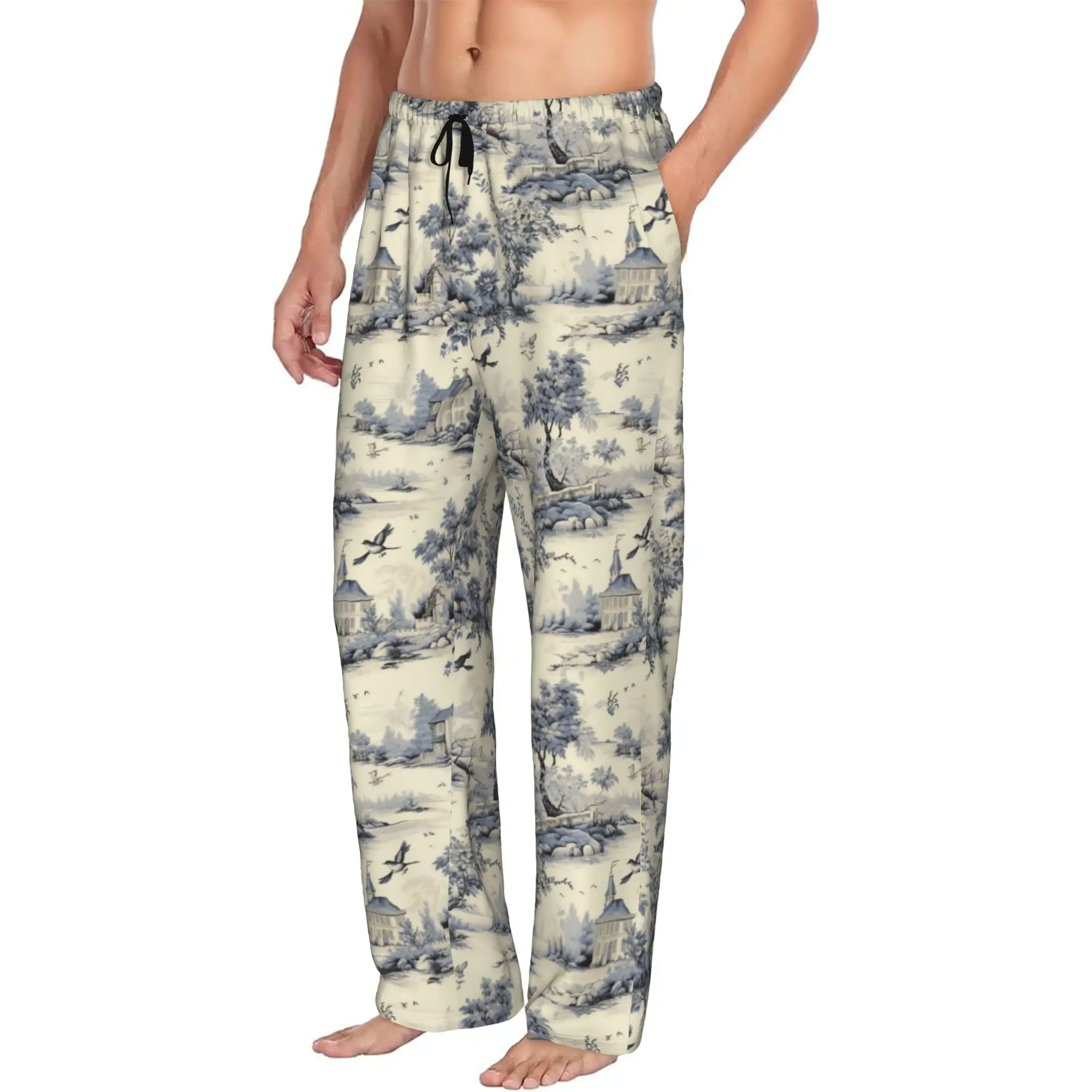Custom Yellow And White Toile De Jouy Pajama Pants Sleepwear for Men Elastic Waistband  Sleep Lounge Bottoms with Pockets