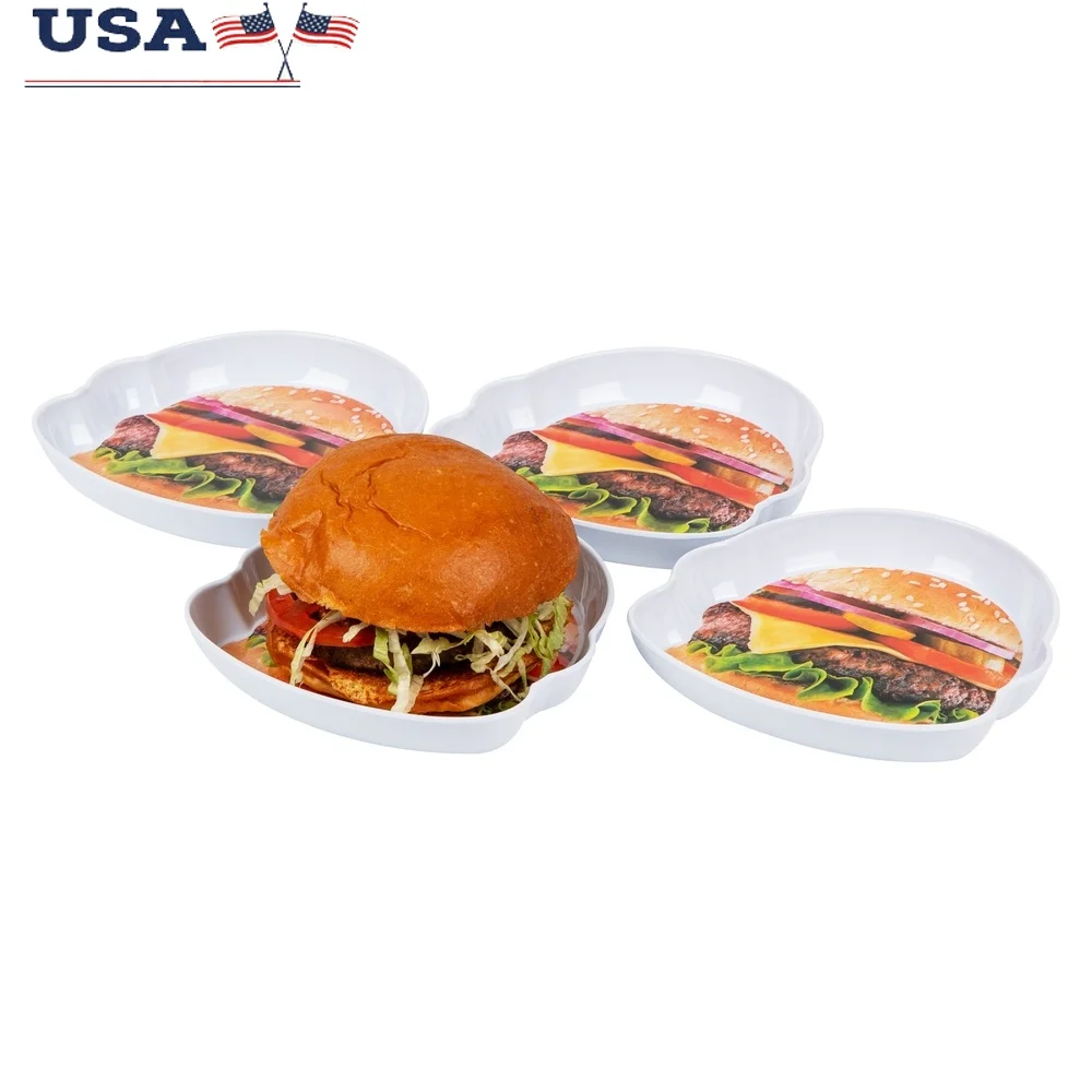 

4 Piece Melamine Burger Serving Plate Set Fun BBQ Accessory Dishwasher Safe Unique Design Outdoor Kitchen Hosting Essentials