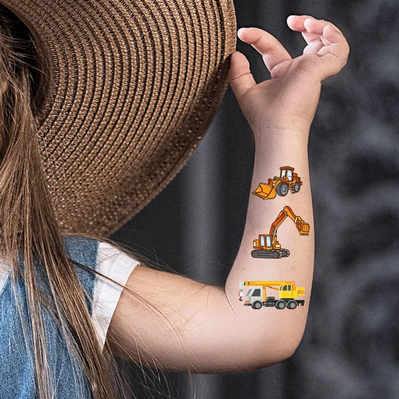 10 Sheets Excavator Vehicle Pattern Temporary Tattoos For Children Engineering Crane, Cartoon Tattoos Stickers for Kids