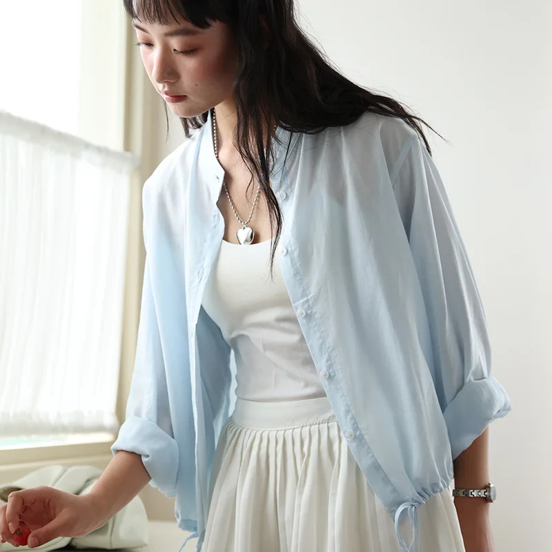 

Linen Stand-up Collar Shirt Women's 2025 New Spring and Summer Cardigan Light and Loose Button-up Top