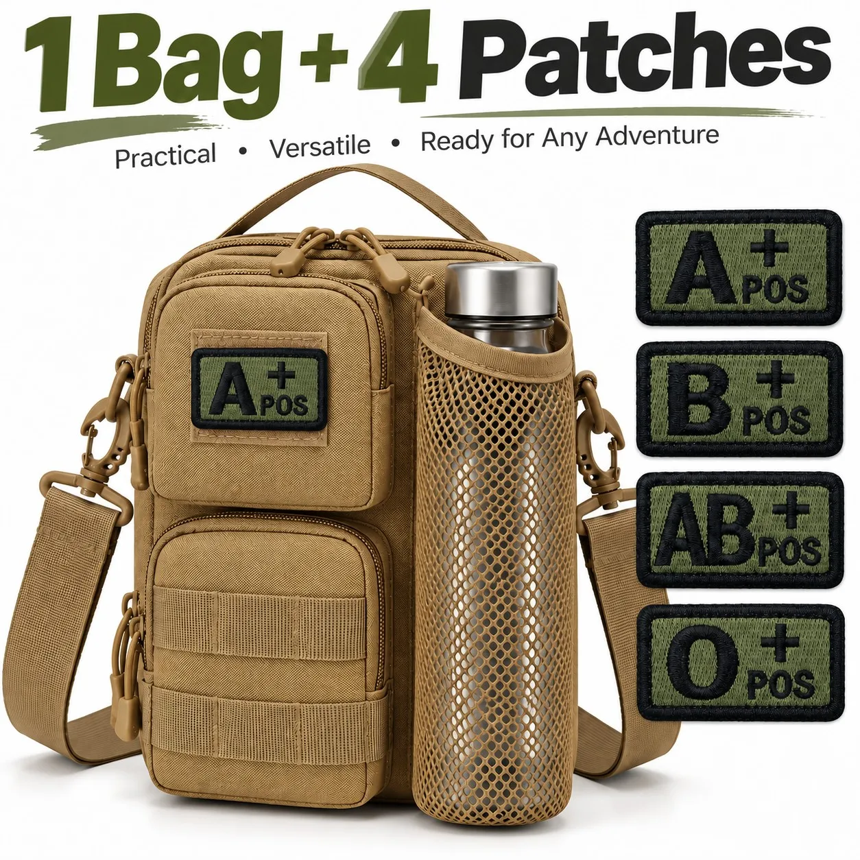 5pcs Set Multi Pocket Crossbody Bag With 4 Removable Blood Type Patches Side Bottle For Travel Hiking Camping Commuting Outdoor