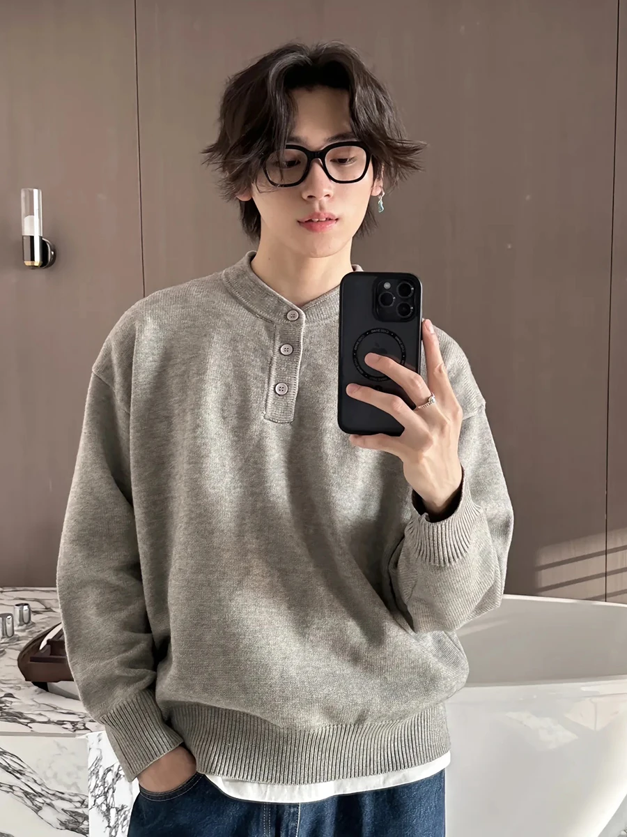 

Soft ey Men's Henry Collar Knitwear Winter Inner Wear Comfortable Loose Fit Long Sve Casual Sle Thiened Knitted Sweater