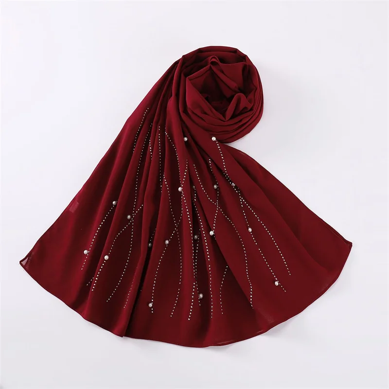 Rhinestone Pearl Bubble Chiffon Instant Hijab Shawl High Quality Wrap Beach Breathable Bufandas Ramadan Muslim Sjaal 175*70Cm