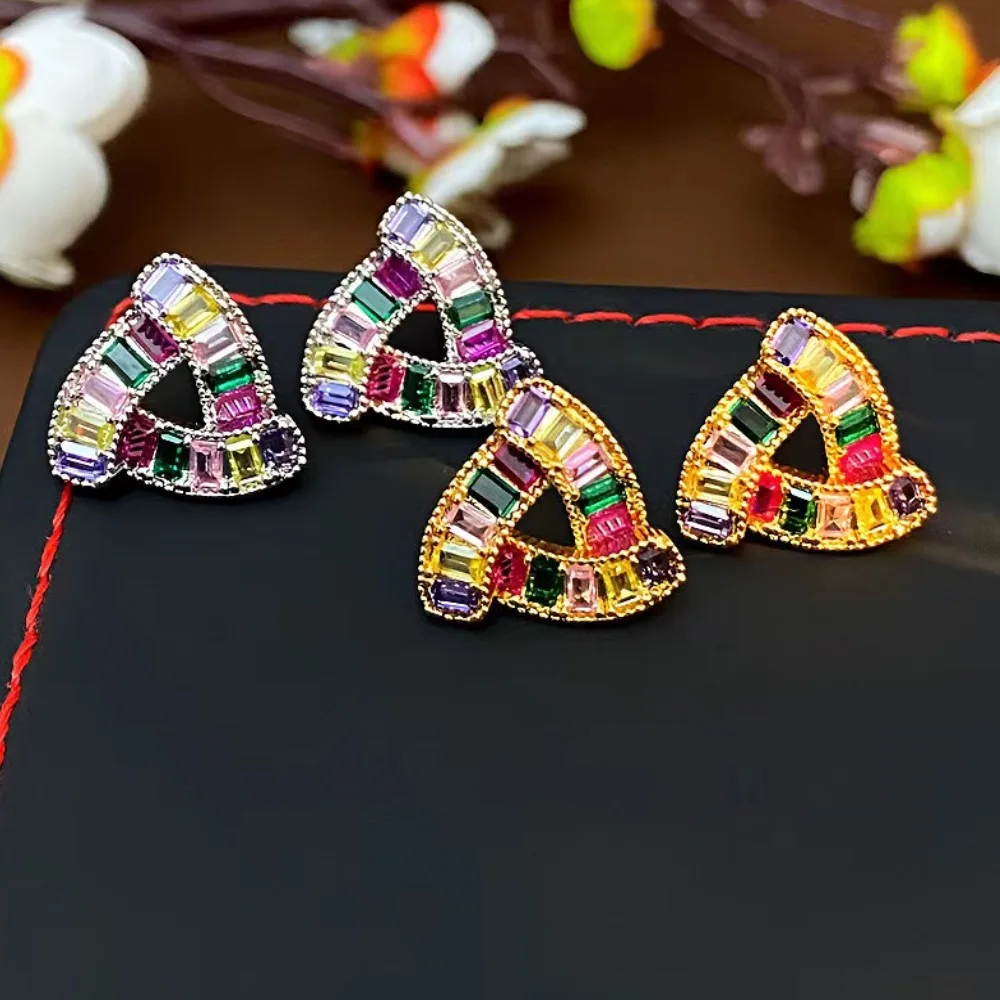 

New retro colored earrings. Irregular triangle inlaid with colored zircon, retro enamel earrings popular in Europe and America.