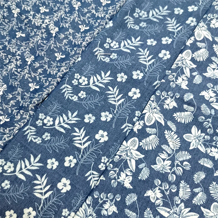 Summer Thin Printed Denim Fabric Blue Small Floral Children\'s Clothing Apparel Designer Fabric