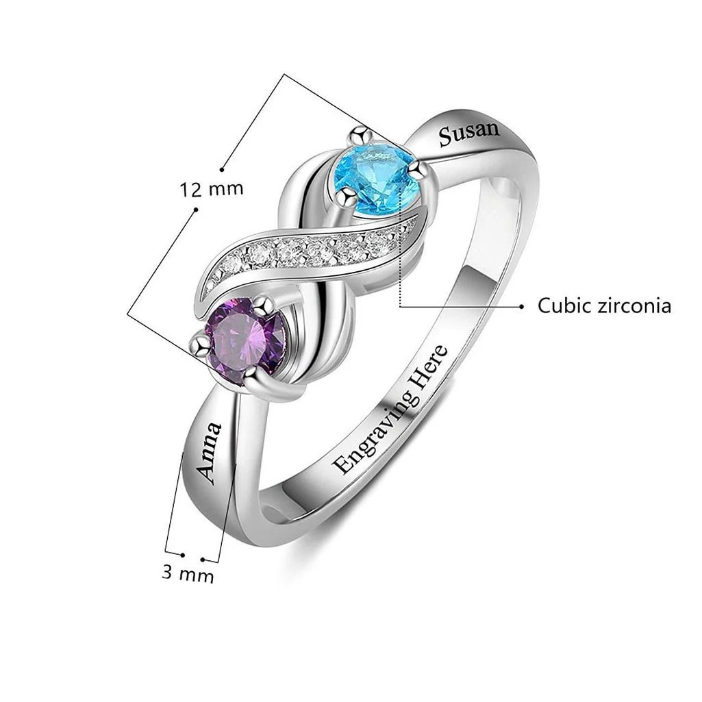 Personalisierter gravierter Namens-Infinity-Ring mit 2 Geburtssteinen, individueller Versprechensring für Frauen, Mütter und Familien – Schmuck – Detail 2