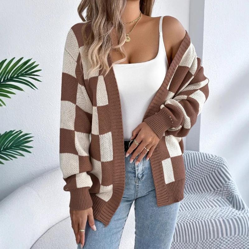 カーディガン女性セーターミッドレングスコートニットランタンスリーブジャンパー Y2k ストリートエレガントジャケットオープンスティス秋冬