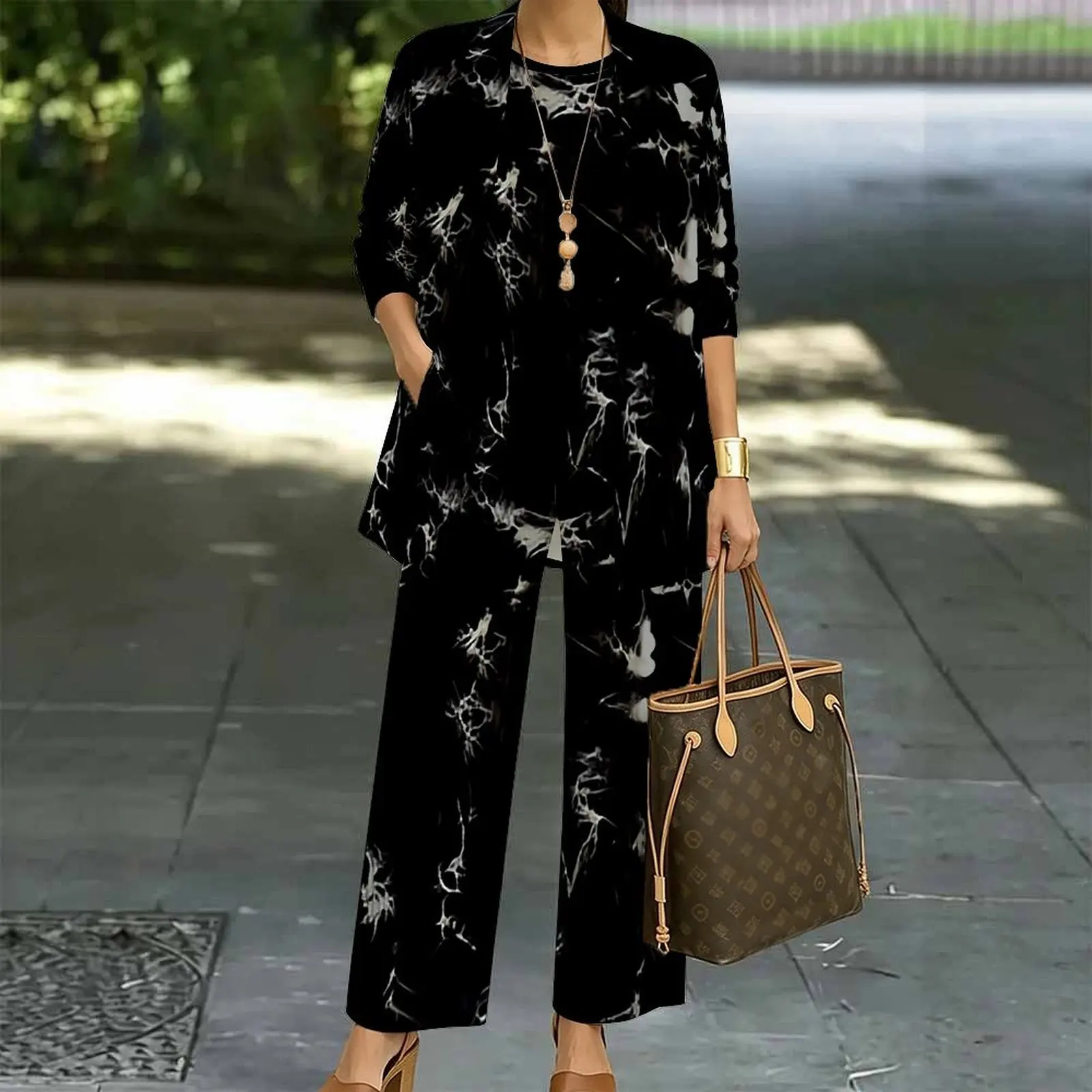 Plus Size 3pcs Printed Vest Fashion Three-Piece Set High-Waist Wide Leg Pants Autumn Mid Sleeve Cardigan Women's Casual Pants