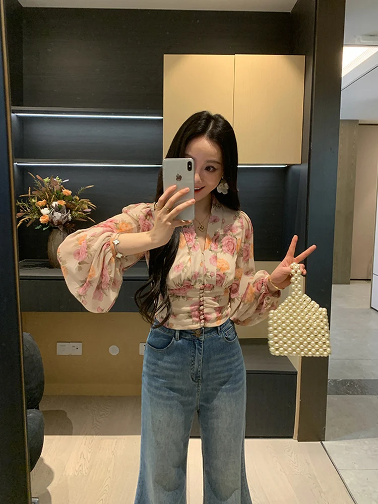 

Комплект Mona Flower Spring: топ и юбка из шифона с принтом роз, с завышенной талией, для стройности, женский модный ансамбль в повседневном стиле, с длинным рукавом