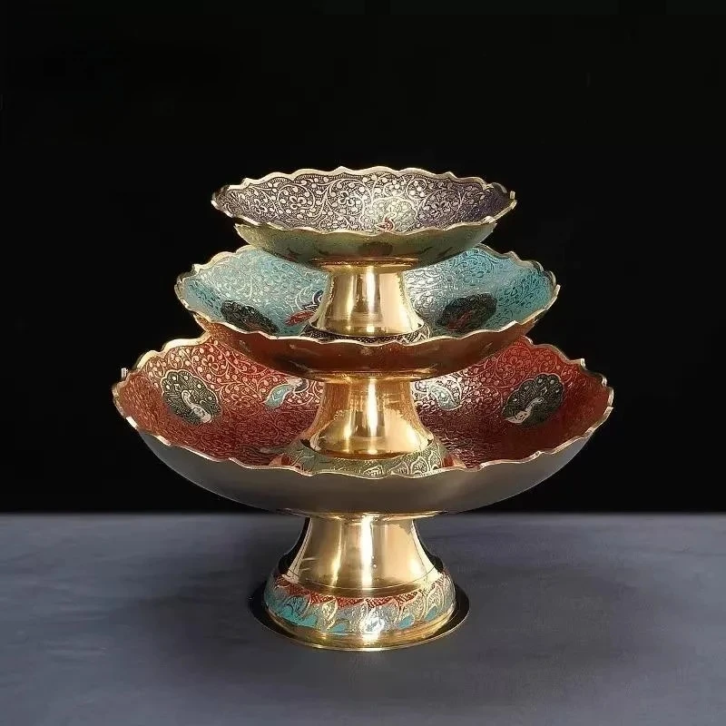 Peacock Fruit Plate Painted Copper Offering High Foot Plate Household Metal Pallet Desktop Ornament Buddha Hall Tribute Plate