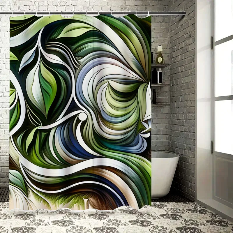 Modern Abstract Art Style Waterproof Shower Curtain High-Definition Digital Printing Green Wave Pattern for Bathroom