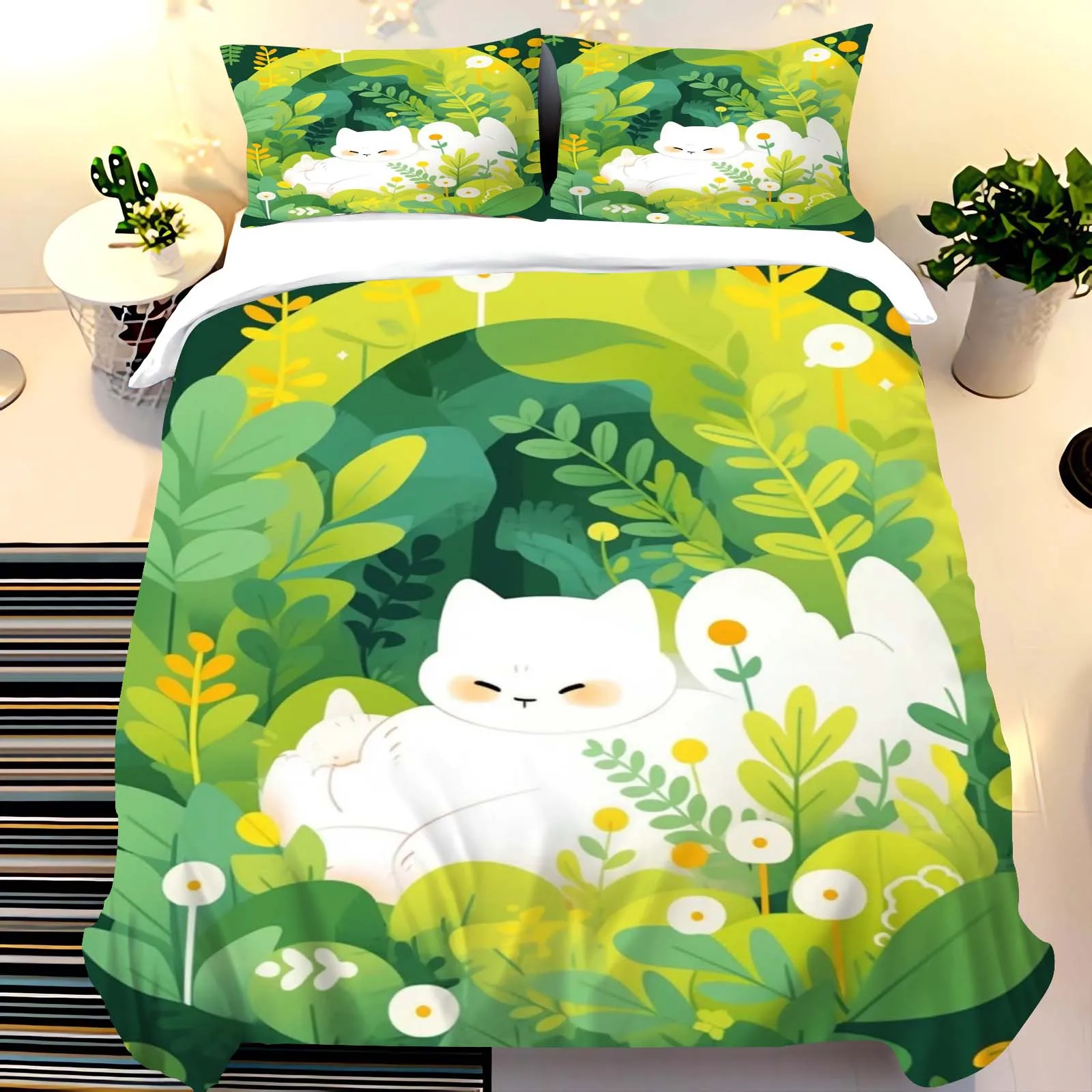 Cute Cat Print Bedding Set with Zipper Closure - 100% Polyester, All-Season Comfort, Adorable Animal Cartoon Pattern Bed Linen