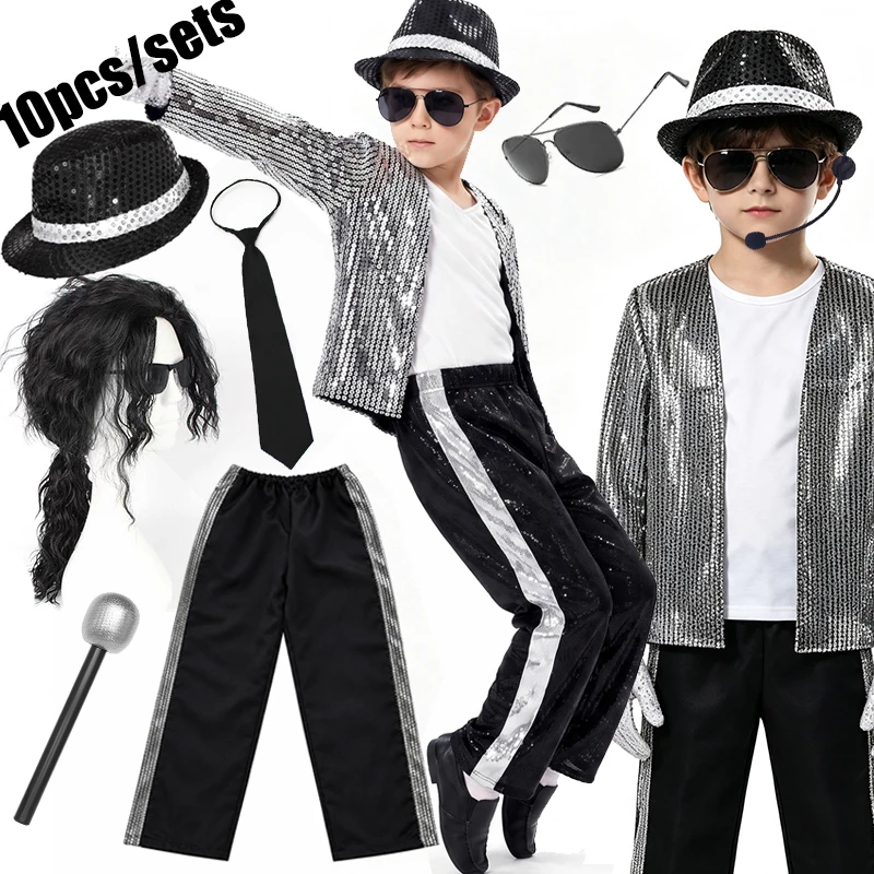 Children Glitter Sequined Singer Costume Retro Dance Outfit 6 Pieces Stage Show Carnival Birthday Party Fancy Dress Set
