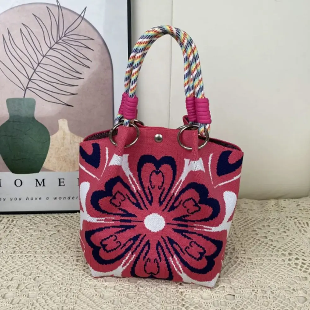 

Cute Cartoon Knitted Bucket Bag Handmade Woven Ring Buckle Wrist Bag Large Capacity Floral Handbag for Women Girls