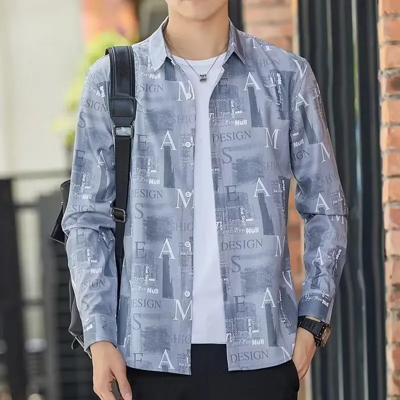 Oversized Men's Cotton Shirt Korean High-quality Pocket Shirt Full letter digital spray printed breathable top Men's Clothing