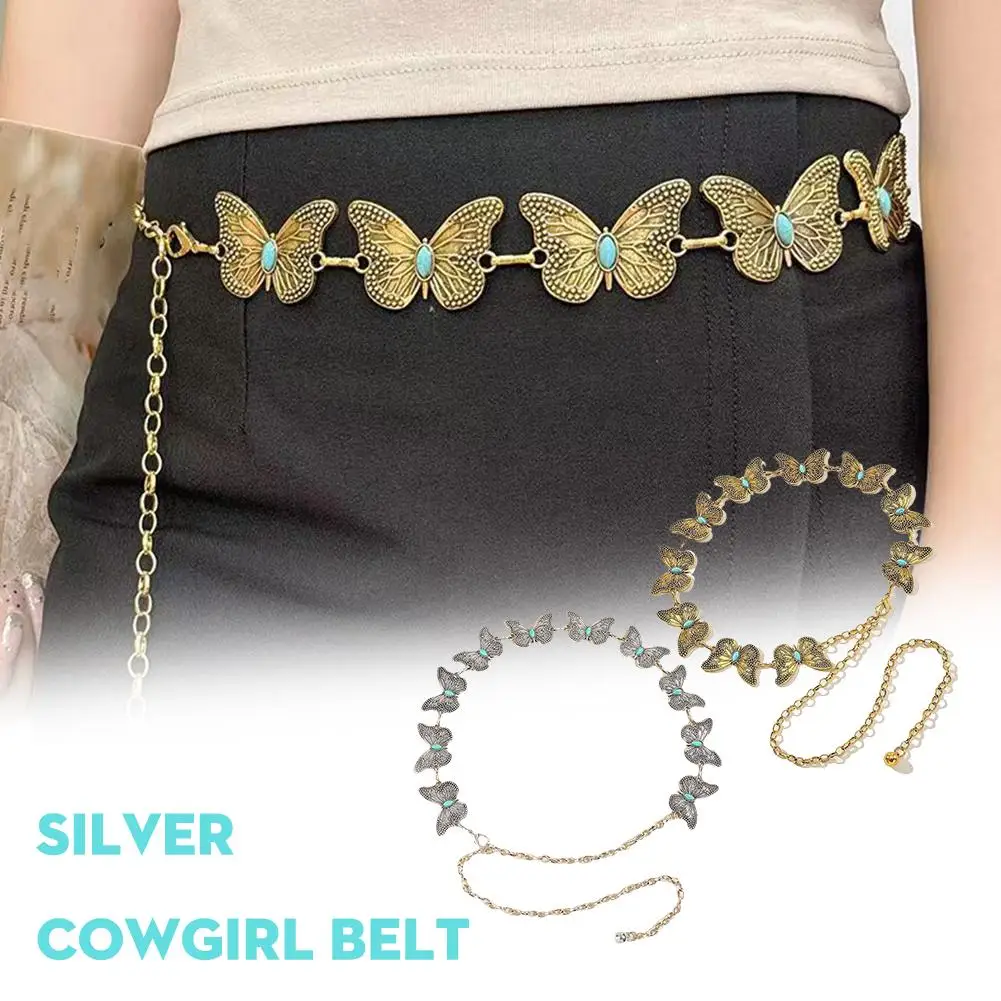 

Turquoise Inlaid Women's Butterfly Metal Waist Chain Belt Dress Fashion Simple Embellished Chain Cowgirl Silver Superior Bo S5W7