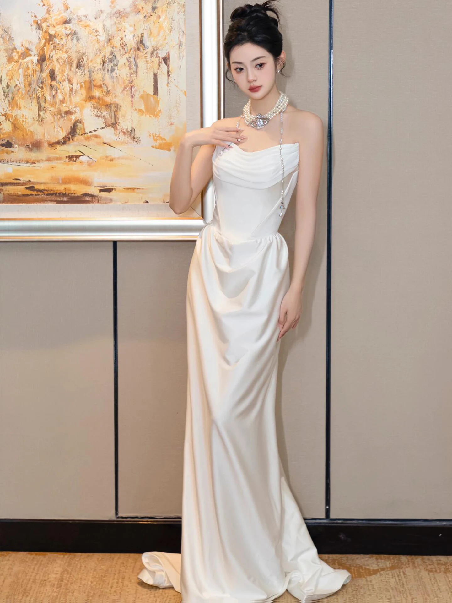 

Silk Satin Light Wedding Dr Simple White Strapl Forest Sle Guest eeting Outdoor Tail Skirt High Waist Fi Tail Gown