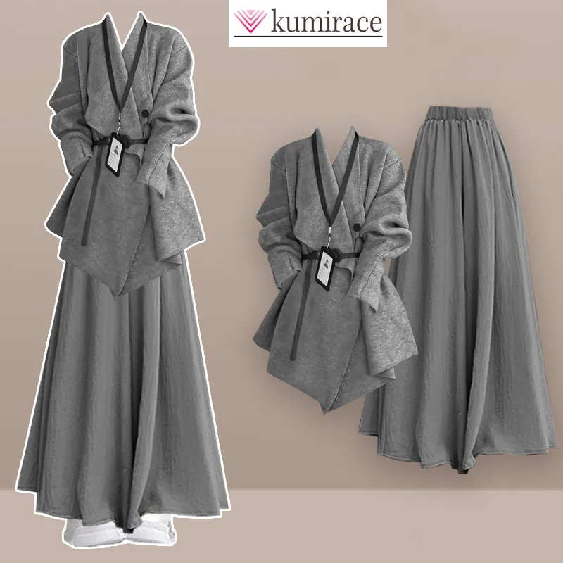 

Корейская версия вязаного свитера Топ + серая юбка Элегантный женский комплект из двух предметов Модный и повседневный женский комплект на весну и осень