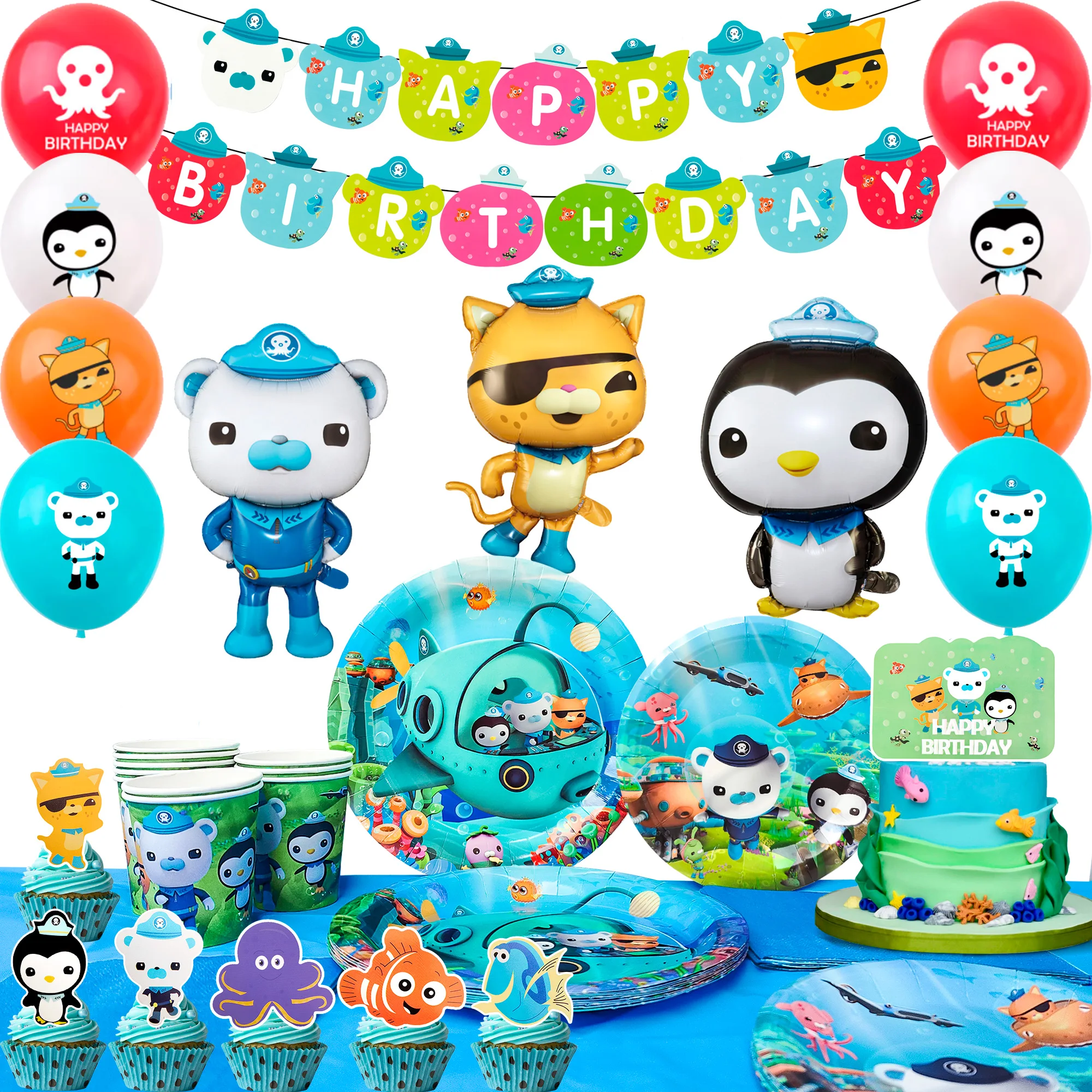 114-teiliges Octonauts-Geburtstagsdekorations- und Partygeschirr-Set – Octonauts-Geburtstagsparty-Teller, Tischdecke, Becher, Kuchendekorationen, Banner, Luftballons usw.
