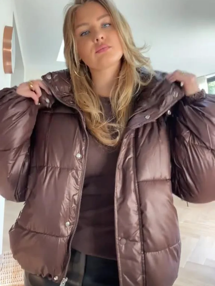 Chic Daily Puffer Jacket Brown Hooded Zip Up Loose Women Cropped Outerwears Casual Versatile Trendy Winter Female Streetwear