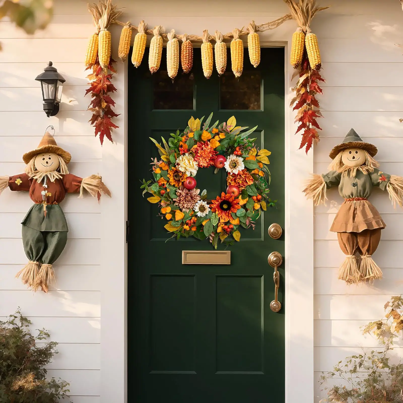 Yannew 20inch Fall Wreaths for Front Door Autumn Rustic Harvest Wreath with Sunflowers Apple Berries for Outdoor Home Wall Decor view 3
