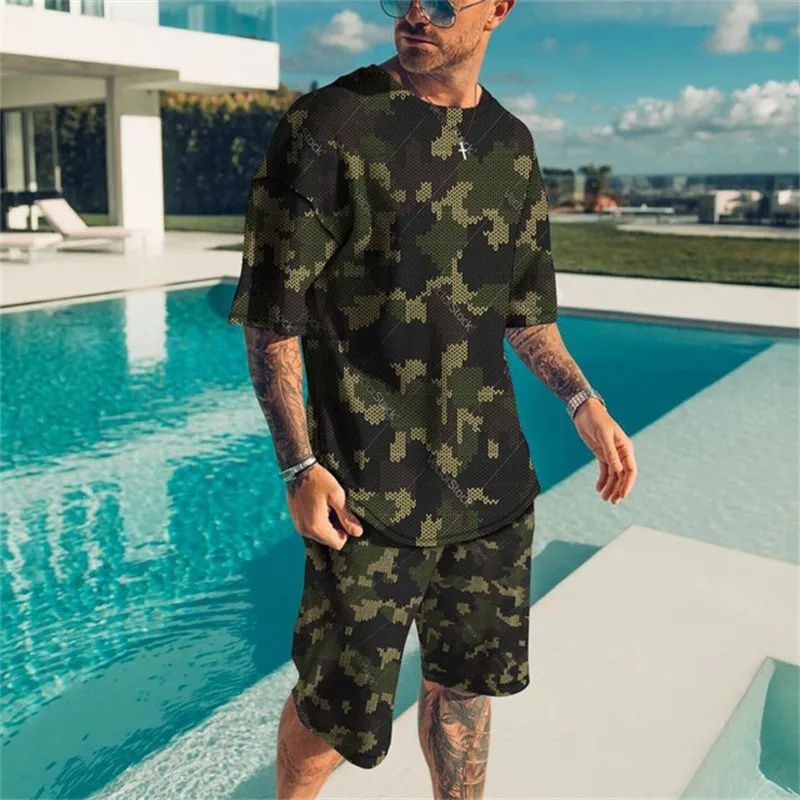 New Men\'s Green Camouflage T-shirts Shorts Set 3D Print Short Sleeve Tee Beach Shorts 2 Pcs Set Summer Oversized Tracksuit Suits