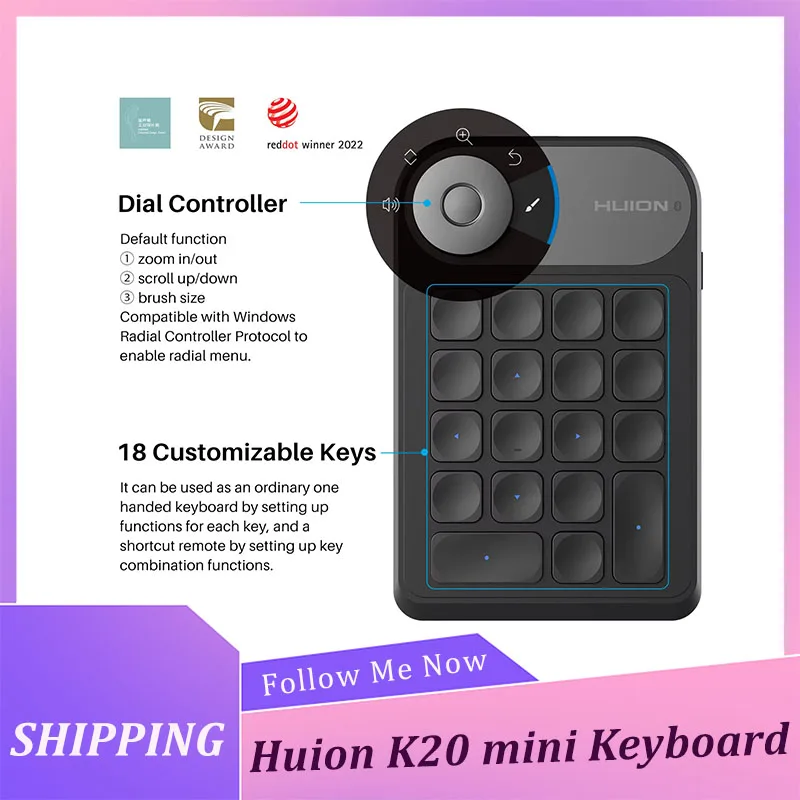 HUION Mini Wireless Keyboard Bluetooth 5.0 Connection Keydial For Graphic Tablets MacOS Windows PC Laptop