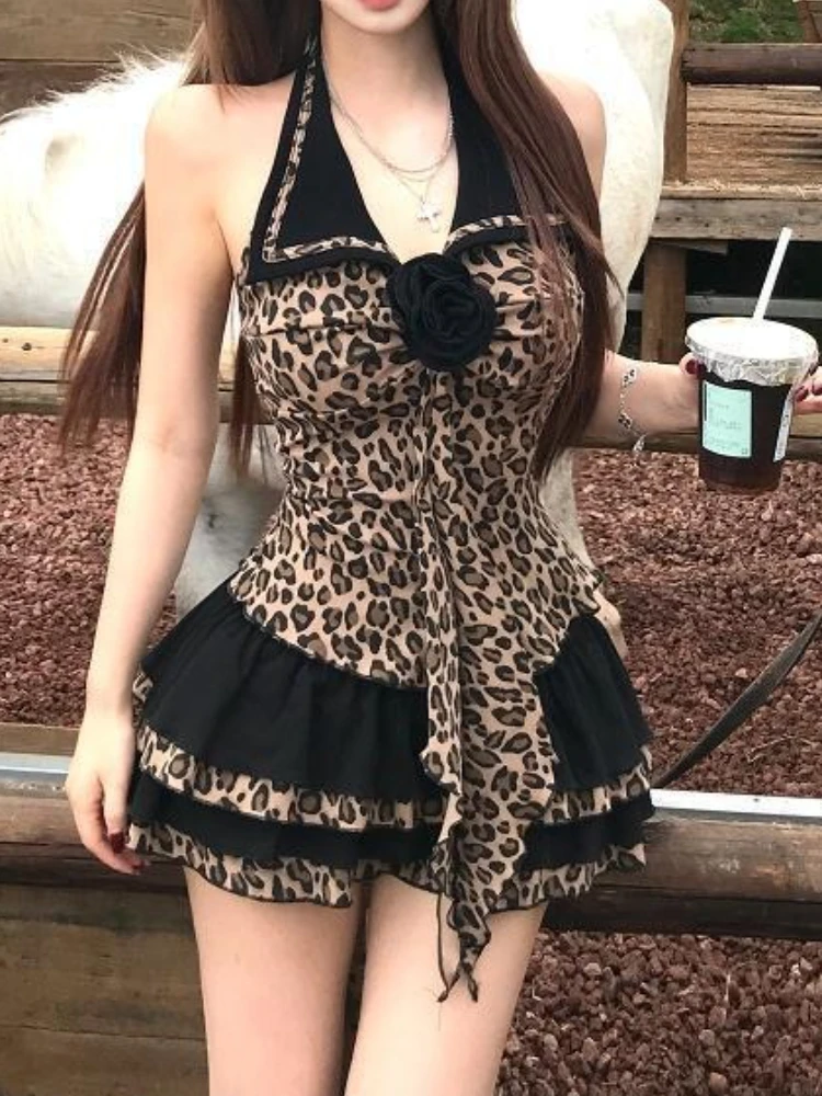 

Summer Aesthetic Hot Girl Skinny 2-piece Set Women High Street Y2k Leopard Print Sleeveless Tops High-waist New Short Skirt Suit