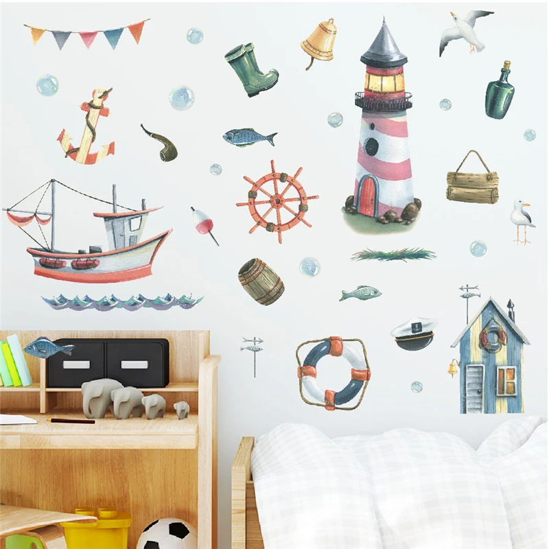 Cartoon Boat Lighthouse Harbor Wall Stickers For Kids Room Home Decor Diy Seaport Scenery Mural Art Home Decal Pvc Poster