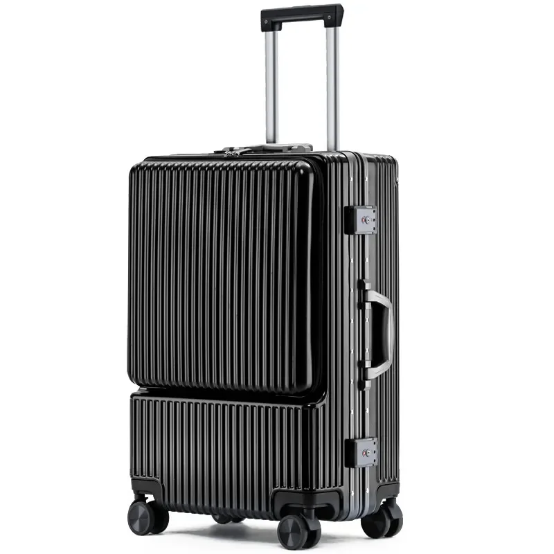 Aluminum Frame Front Opening Luggage Travel Suitcases on Mute Wheels PC Business Box Trolley Password USB Rolling Case Carry-Ons