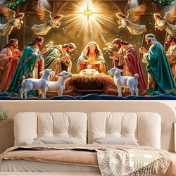 1pc Christmas decoration banner, polyester can be hung, Jesus manger Christmas scene pattern, suitable for New Year party home w