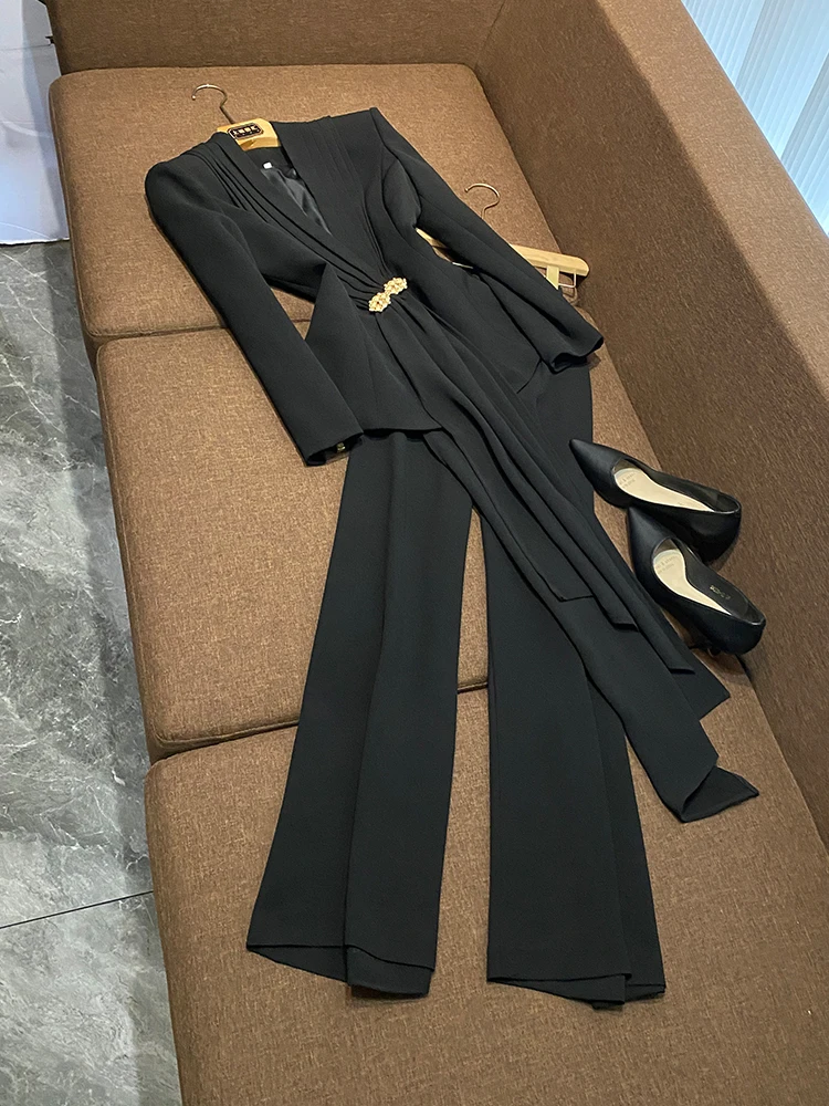 

Suit Jaet with Pleated Collar And Straight Leg Pants Two Piece Set Celebri Inspired Profional Women's Wear