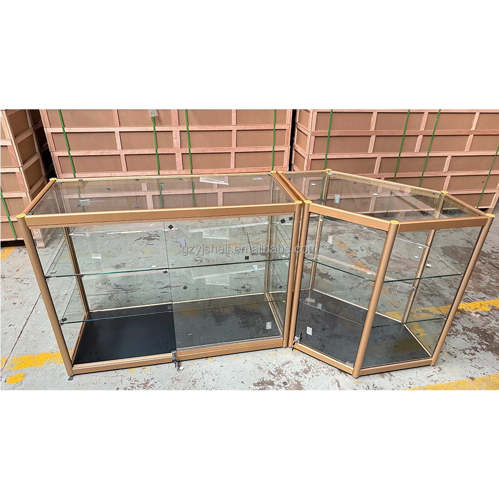 Custom.Customized High End Popular Full Vision Gold Metal Frame Style Glass Jewelry Kiosk Glass Display Cabinet for Shopping Mal