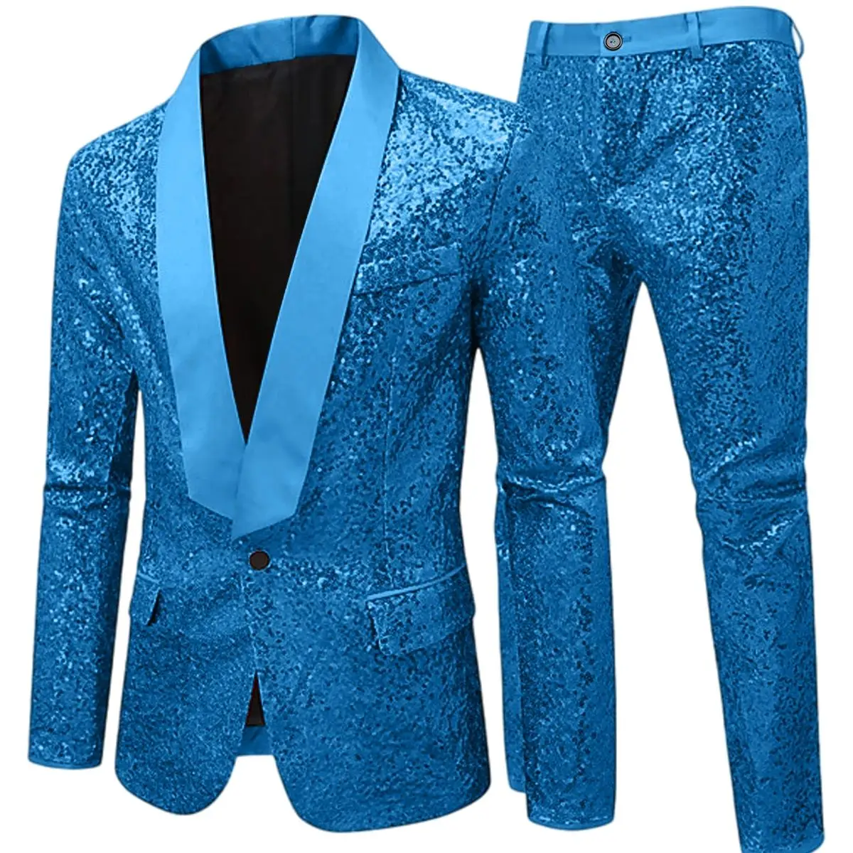 Herren-Pailletten-Smoking-Set, glänzend, einreihig, Satin-Patchwork, Schalkragen, Slim Fit, 2-teilig, Blazer und Hose für Hochzeit, Party, Abschlussball